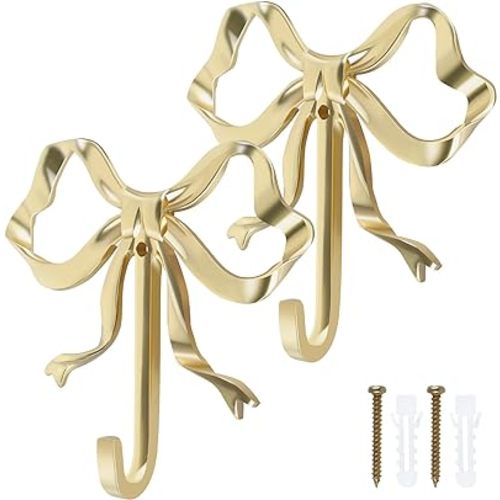 2 Pcs Bow Hook Towel Robe Hook, Decorative Bowknot Hanger Gold Towel Hook Multi-Purpose Bow Shaped Hat Hooks Brass Wall Hook Wall Hanging Towel Hook for Bathroom Bedroom Bathrobe, 3.6 x 3.5 x 0.8 in