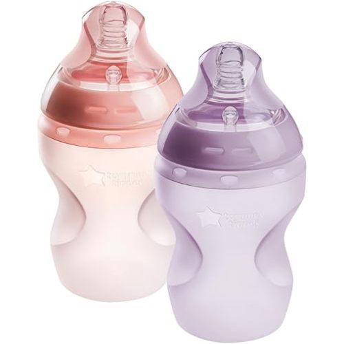 Tommee Tippee Natural Start Anti Colic BPA Free Silicone Baby Bottles, 9oz, Newborn 0+ Months, Silicone Feels Like Mother's Skin, Slow Flow Breast-Like Teat, Pink and Purple, Pack of 2
