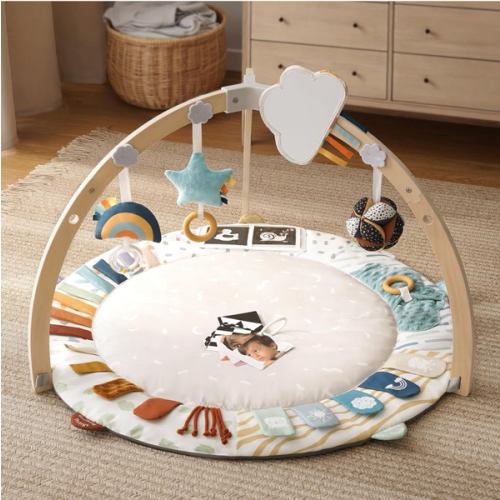 Blissful Diary Baby Play Gym & Activity Mat, 5 Developmental Zones Wooden Tummy Time Mat with 6 Detachable Sensory Toys for Motor Skills & Sensory Development, Baby Essentials Shower Gift