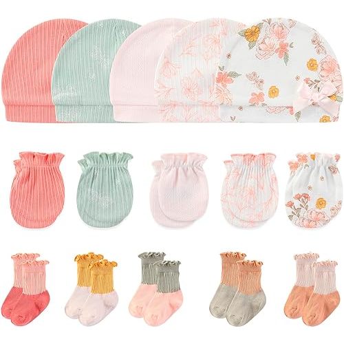 Newborn Baby Boy Girl Caps Mittens Socks Set Cotton Baby Essentials Accessories (Hats+Gloves+Socks)