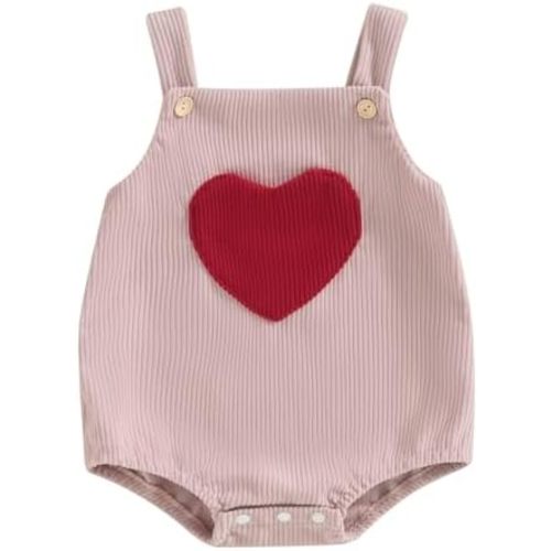 Lesimsam Newborn Baby Girl Valentines Day Outfit Sleeveless Heart Print Corduroy Overall Bubble Romper Suspender Jumpsuit