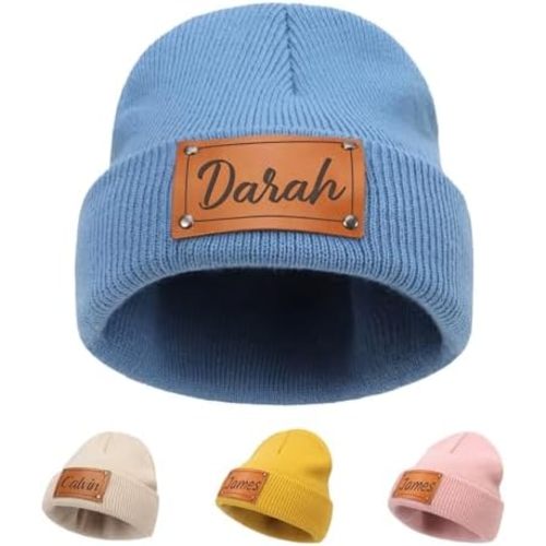Custom Beanie Hats for Baby Boys Girls - Personalized Leather Patch Beanie with Name for Infants Toddlers Adults