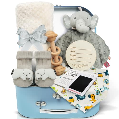 Baby Shower Gifts Set for Boys: Newborn Basket Kit 9 Pcs with Baby Blanket Rattle Bib and More - Unique and Personalized Baby Essentials for New Mom
