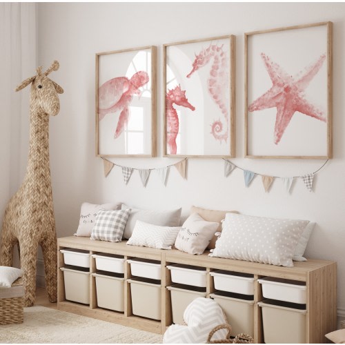 Under the Sea Wall Art set of 3, Ocean Life Art Print set of 3, Sea Turtle, Sea Horse, Starfish Watercolor Painting Sea Life Wall Decor