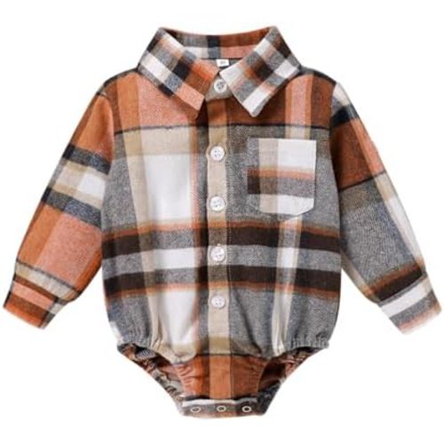 HAPPYMA Newborn Baby Boy Girls Plaid Outfit Flannel Romper Tops Infant Long Sleeve Button Down Plaid Casual Bodysuit Clothes