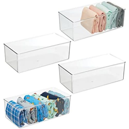 mDesign Long Plastic Drawer Organizer Box, Storage Organizer Bin Container; for Closets, Bedrooms, Use for Leggings, Socks, Ties, Jewelry, Accessories - Lumiere Collection - 4 Pack - Clear - 12 x 6 x 4