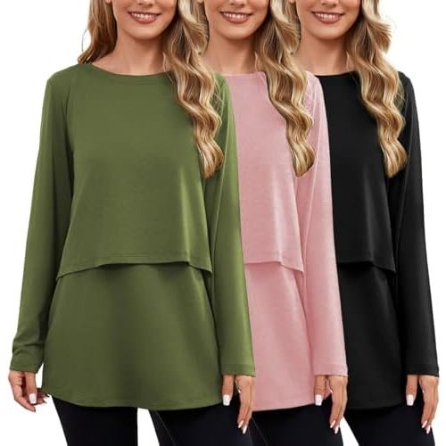 Ecavus Women's 3Pack Maternity Nursing Shirts Long Sleeve Double Layer Breastfeeding Shirts Comfy Pregnancy Clothes