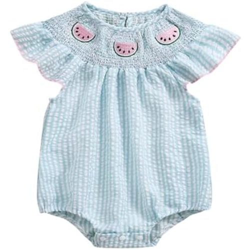 Kayotuas Newborn Baby Girls Smocked Bubble Romper Cute Embroidery Ruffle Gingham Bodysuit Dress Infant Toddler Summer Clothes