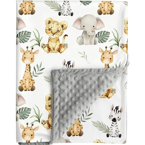 Safari Jungle Animals Baby Blanket Gender Neutral Blankets for Newborn Baby Girls or Boys Nursery Toddler Double Layer Blanket with Dotted Backing and Animal Printed (Animal 1)