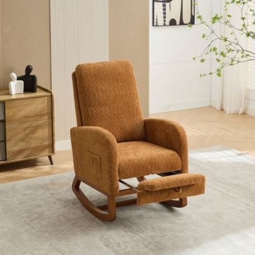 25.4"w Rocking Boucle Upholstered High Back Glider Chair With Retractable Footrest, Side Pocket And Wood Legs, Charcoal, 4q- Modernluxe