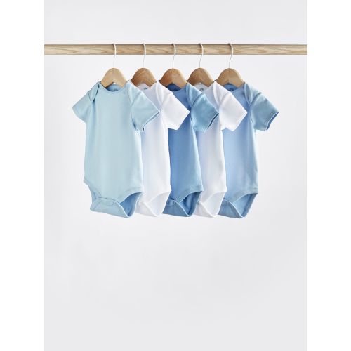Blue/White 5 Pack Plain Baby Bodysuits