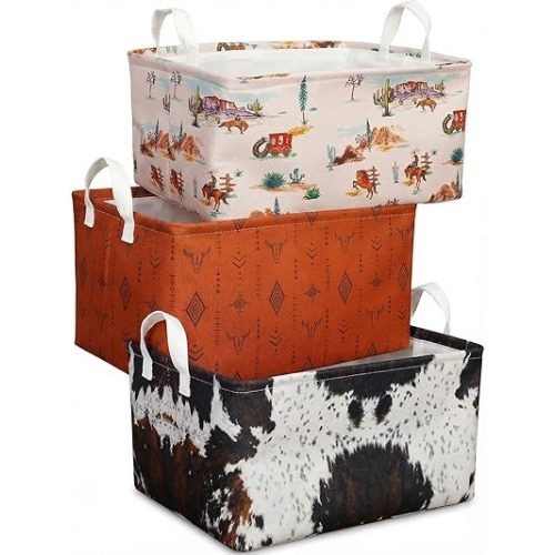 3 Pcs Western Bull Boho Rectangle Storage Basket Collapsible Highland Cow Storage Bin for Nursery Toys Books Waterproof Baskets for Closet Shelves Bedroom Decor(Cow)