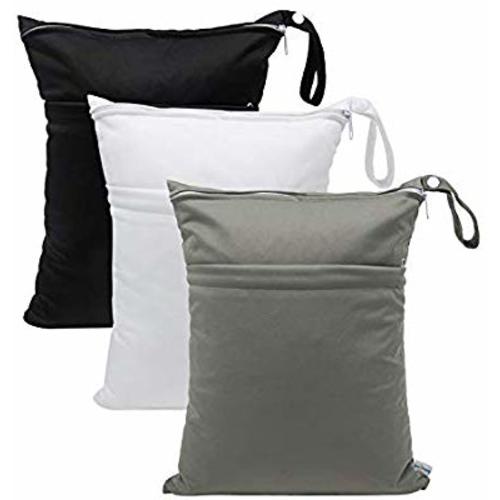 Babygoal Wet Dry Bags for Baby Cloth Diapers, Washable Travel Bags, Beach, Pool, Gym Bag for Swimsuits & Wet Clothes with 2 Pockets 3 Pack L-BWG - Medium - Black&Grey&White