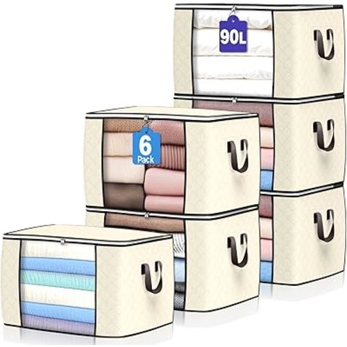 90 L Large Storage Bags, 6 Pack Clothes Storage Bins Foldable Closet Organizers Storage Containers with Reinforced Handle for Clothing, Blanket, Comforters, Bed Sheets, Pillows and Toys (Beige)