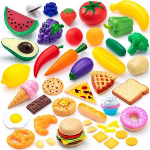 Joyfy 50 PCS Pretend Kitchen Toys with Fake Fruits, Vegetables, Dinnerware, Toddler Learning Toys, Birthday Christmas Gift for Boys Girls Ages 3 4 5 6