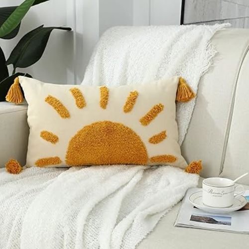 Boho Decorative Throw Pillow Covers 12x20, Woven Tufted Sun Lumbar Pillow Covers with Tassels Modern Abstract Pillowcase for Sofa Bedroom Living Room Home Decor, Yellow