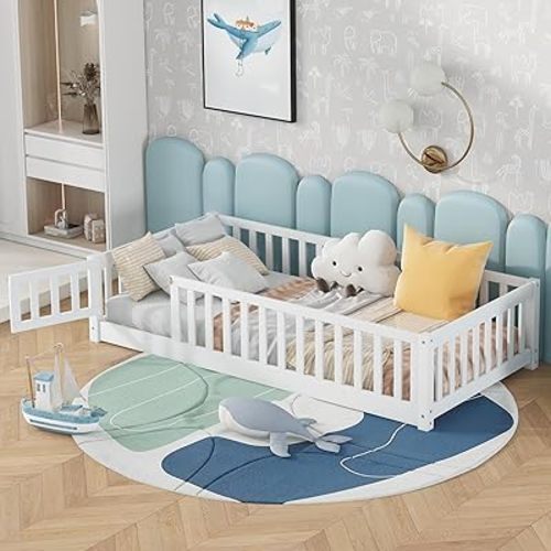 Twin Size Kids Floor Bed Frame with Door and Fence,Montessori Floor Bed with Slats and Safety Guardrails for Girls Boys,Solid Wood, White
