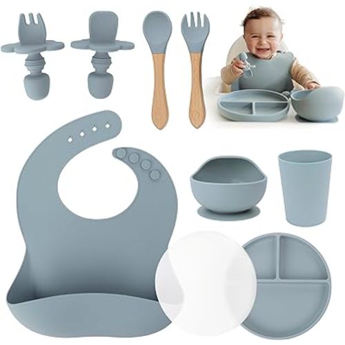 Extra Heavy Silicone Baby Feeding Set Essentials, Premium 9-Piece Set of Baby Led Weaning Supplies with Silicone Baby Plate with Lid, Superior Suction Bowl and Baby Utensils - Blue
