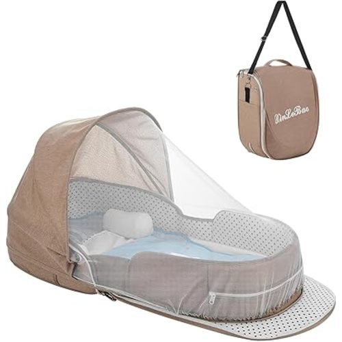 Baby Travel Bassinet Portable Bassinets, Foldable Carry Bag Bassinet Travel Crib, Lightweight Baby Lounger Pod Infant Bed with 2-1 Mosquito & Canopy (Khaki)