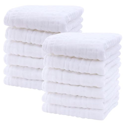 SWEET DOLPHIN 12 Pack Baby Muslin Washcloths - Soft Face Cloths for Newborn, Absorbent Bath Wash Cloths, Wipes, Burp Rag - Toddlers Essentials Stuff, Baby Registry as Shower -10"x10", White