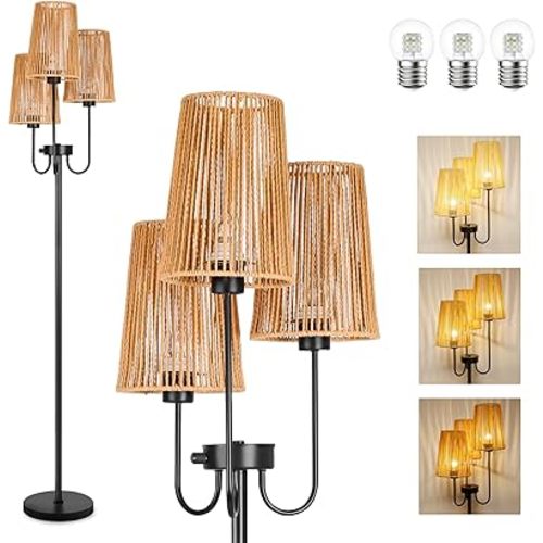 Dimmable Farmhouse Floor Lamps for Living Room,Boho Floor Lamp with 3 Elegant Rattan Cage Head and 7W LED Bulbs,Rustic Tree Standing Tall Lamps for Bedroom, Office,65"