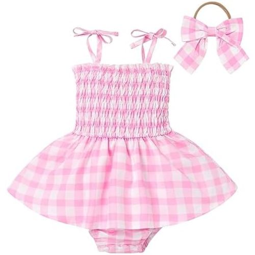 Baby Girls Pink Plaid Romper Tutu Dress Sleeveless Smocked Gingham Dress Toddler Summer Outfits Princess Party Dresses