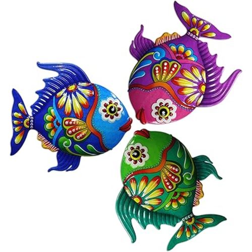 John's Studio Metal Fish Sea Wall Decor Outdoor Garden Hanging Art Sculptures Home Ocean Theme Decorations for Kitchen Bathroom and Pool - 3 PCS