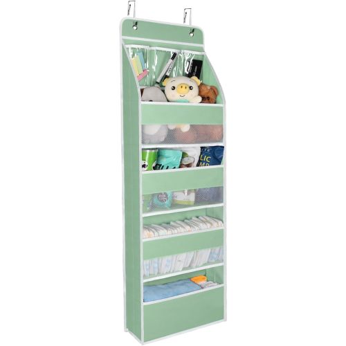 Univivi Over Door Organizer Baby Door Storage Wall Mount Storage with 3 Small PVC Pockets and 4 Large Pockets Ideal for Baby Stuff, Toiletries and Sundries (Green)
