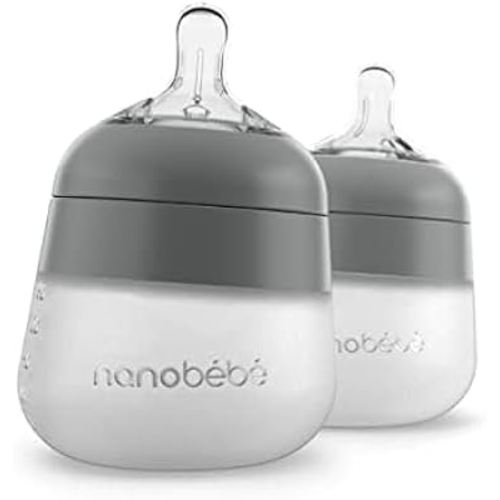 Nanobebe Flexy Silicone Baby Bottle, Anti-Colic, Natural Feel, Non-Collapsing Nipple, Non-Tip Stable Base, Easy to Clean 2-Pack, Gray, 5 oz