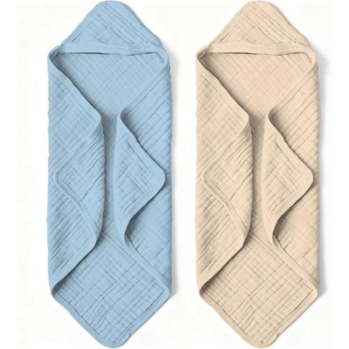 Muslin Hooded Baby Bath Towels - 2 Pack 100% Organic Cotton Towel for Babies, Infants, Toddlers - 32x32Inch - Highly Absorbent and Newborn Essential (Brown Blue)