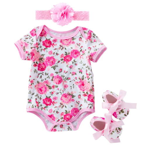 Baby Bodysuit Girls Short Sleeved Floral Pattern Headband Shoes Outside Jumpsuit Clothes Baby Girl Romper B 0 Months-3 Months