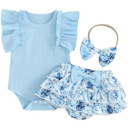 Baby Girl Clothes Summer Infant Floral Outfit Ruffle Sleeve Knitted Romper + Layered Bloomers Shorts + Headband