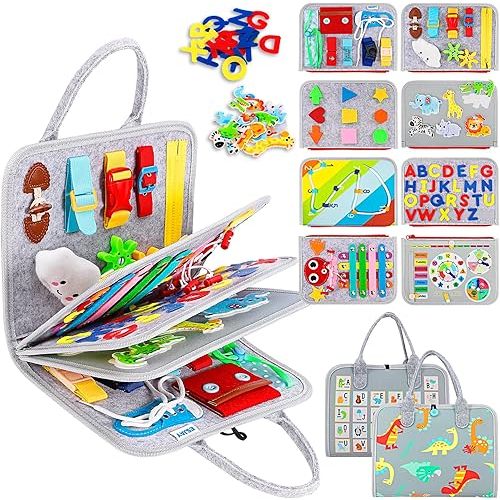 Esjay Busy Board for Toddlers, Busy Book Montessori Toys, Sensory Board Learning Activities for Fine Motor Skills, Toddler Gifts for Boys Girls, Travel Toys for Airplane Car