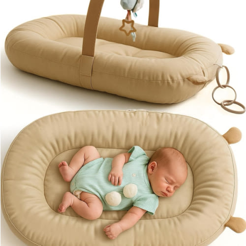 SplashEZ Baby Lounger Pillow for Newborn, Ergonomic Baby Nest & Play Gym for Newborn, 100% Organic Cotton, Breathable, Lightweight & Portable 3D Mesh Pillow for Awake Time (Toys NOT Included), Camel