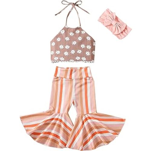 TheFound Toddler Baby Girl Summer Outfit Halter Top Bell Bottoms Flare Pant 2Pcs Infant Newborn Clothes