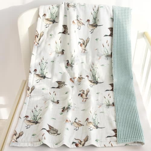 LifeTree Waffle Baby Blankets Neutral, Muslin Swaddle Blanket for Boys Girls, 2 Layers Crib Stroller Receiving Blankets with Muslin Front and Waffle Backing Infant Newborn Mallard Duck