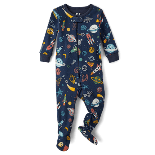Baby And Toddler Boys Space Snug Fit Cotton Footed One Piece Pajamas - Blue