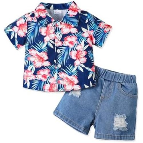 NZRVAWS Toddler Baby Boy Summer Clothes Short Sleeve T-Shirt Casual 6M-5T Jean Shorts Set 2PC Little Boy Outfit
