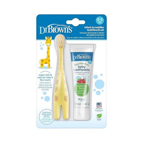Dr. Brown’s Infant-to-Toddler Training Toothbrush Set with Fluoride-Free Baby Toothpaste, Strawberry - Giraffe - 1.4oz - 0-3 years
