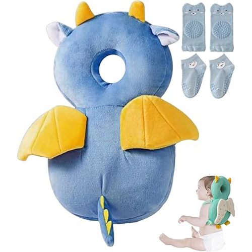Baby Walker Head Protector Backpack Set, Adjustable Baby Fall Back Head Protector with Knee Pad and Anti-Slip Sock, Safety Pad Backpack for Toddler Walking Crawling (Plush-Dragon)