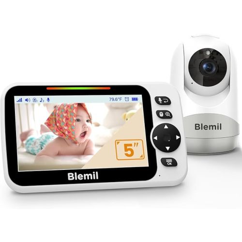 Blemil Baby Monitor with 30-Hour Battery, 5" Large Split-Screen Video Baby Monitor with Camera and Audio, 3500mAh Battery, Remote Pan/Tilt/Zoom Camera, Two-Way Talk, Night Vision, Lullabies, No WiFi
