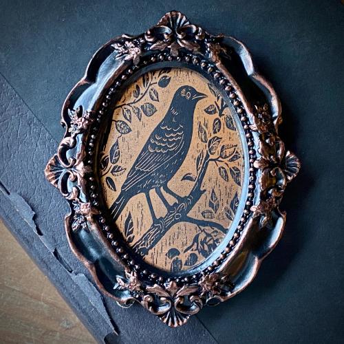 Black and Copper/Rose Gold Framed Oddity Black Bird Raven Crow with Three Legs Vintage Bird Distressed Plaque Sign Decor Baroque Gift Gothic