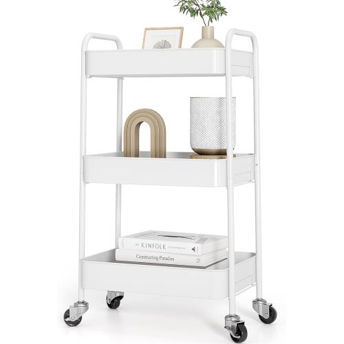 TOOLF 3-Tier Metal Rolling Cart with Wheels, Storage Utility Organizer Cart for Kitchen, Bathroom, Office, Baby Essentials & Makeup - Lockable Casters, Easy Assembly, 132 lbs Capacity, White