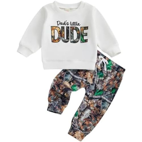 Toddler Boy Fall Winter Clothes Mamas/Dads Little Dude Long Sleeve Sweatshirt Pants Set Cute Baby Hunting Outfit