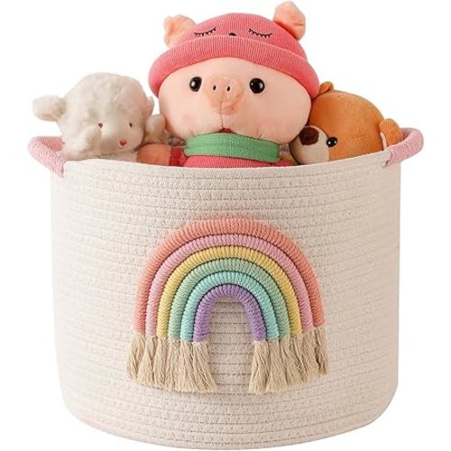 INough Toy Storage Baskets Woven Cotton Rope Storage Basket with Rainbow Decor for Kids, Blanket Baskets for Living Room Toys Organizer Rainbow Baby Gifts Basket with Handle for Girls Nursery Playroom