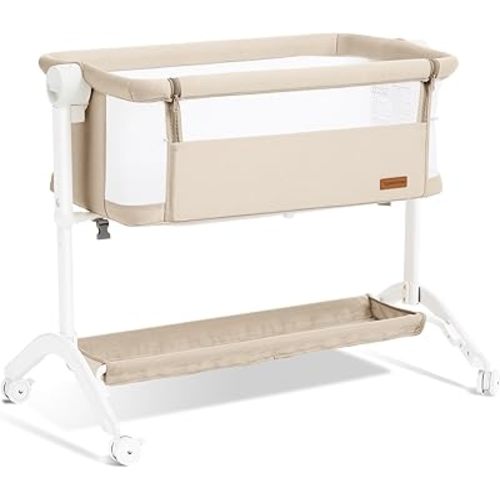 Bassinet Bedside Sleeper - All-Mesh Design, Portable Bedside Bassinet for Baby with Washable Mattress, 5 Adjustable Heights(Beige)