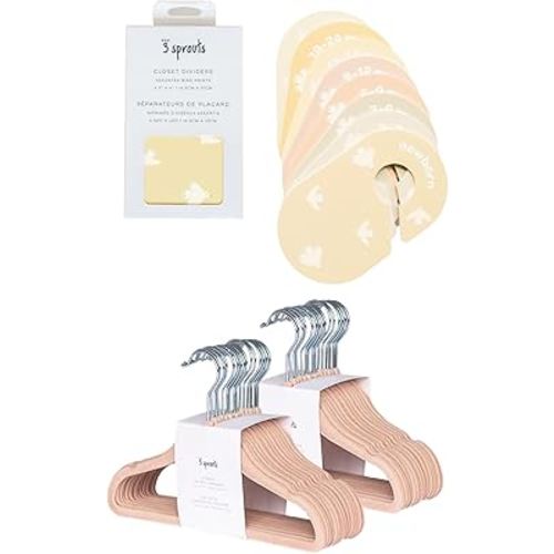3 Sprouts Closet Dividers & Hangers Bundle - 8 Baby Size Dividers (Bird) and 30 Velvet Hangers for Baby Clothes (Hazelnut)
