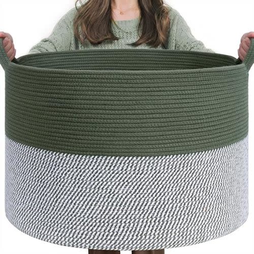 INDRSSME Large Laundry Storage Basket, 21.7 x13. 8 - Decorative Rope Blanket Basket for Organizing Bedroom, Living Room, Nursery, Toy Storage for Colthes Towel, Empty Gift Baskets -Green