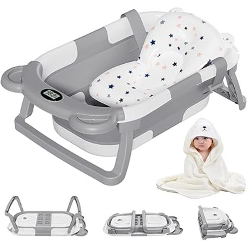 MoreFeel Collapsible Baby Bathtub for Newborn with Thermometer & 1 Hooded Towel & 1 Soft Floating Cushion,Portable Travel Bathtub with Drain Hole, Durable Foldable Baby Tubs for Infants to Toddler
