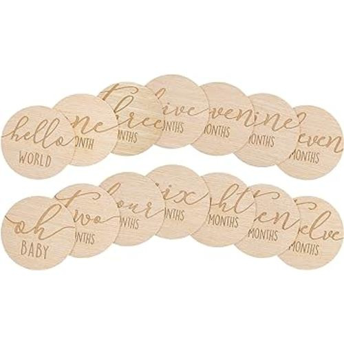 Pearhead Wooden Monthly Milestone Photo Cards, Baby Announcement Cards, Pregnancy Journey Milestone Markers, 7 Double Sided Engraved Photo Prop Milestone Discs, Light Wood